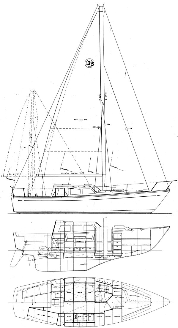 Cal 35 cruise sailboat under sail