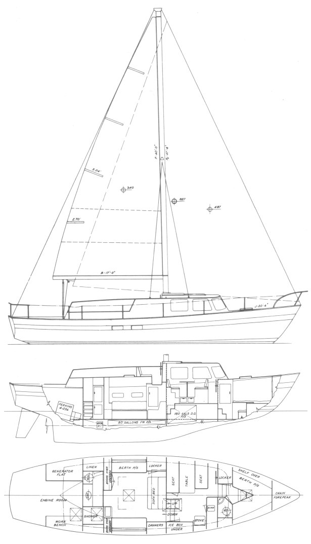 Cal cruising 46 sailboat under sail