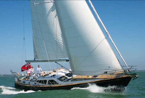 Discovery 55 sailboat under sail