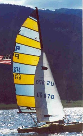 Pacific catamaran sailboat under sail