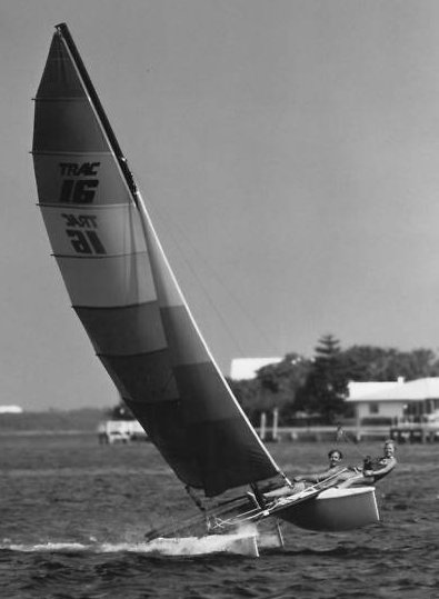 Trac 16 sailboat under sail